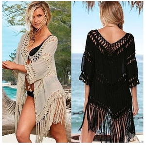 Women Bohemian Crochet Hollow Out Beach Cover Up V Neck Tassel Cardigan Summer Swimsuit Bikini Smock Top