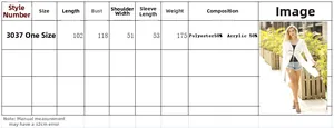Detailed size chart for beach cover-up with length, bust, and material information