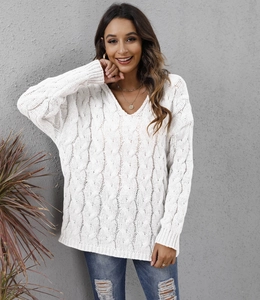 Women's cozy white V-neck cable-knit hooded sweater in a loose oversized autumn fit