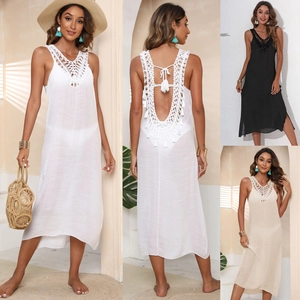 Women Sexy Backless Crochet Beach Cover Up Dress Summer V Neck Sleeveless Solid Color Midi Swimsuit Cover-up With Tassels