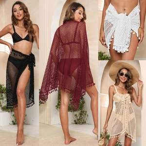 Damen Häkeln Strand Cover Up Sarong Quasten Wickelrock Mesh Durchsichtig Bikini Überwurf Resort Bademode Schal