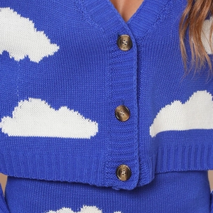 Détail du tricot jacquard à nuages bleu et blanc et boutons écailles sur le cardigan