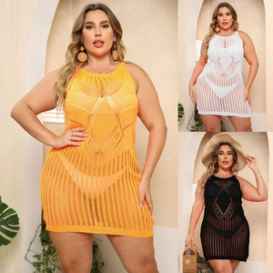 Robe de Plage Cache-Maillot Ajourée au Crochet Grande Taille Femme Robe Mini en Tricot Sans Manches pour Vacances d'Été