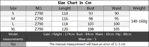 Detailed size chart for women crochet beach dress including length and bust measurements