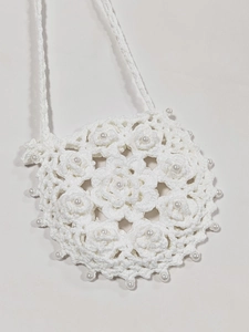 Handmade white crochet crossbody bag with layered rose floral pattern and faux pearls