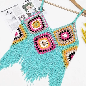 Bohemian crochet tank top with colorful patterns and long tassels in lake blue