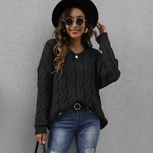 Women's thick black cable knit v-neck hooded sweater with loose fit and textured long sleeves