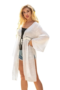 Women's white crochet beach cover up with drawstring waist and side slits cardigan