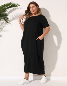 Detail of hidden side pockets on a loose plus size black short sleeve maxi dress