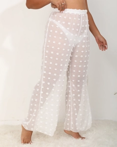 Pantalones de playa sexy blancos transparentes de pierna ancha con lunares 3D y cintura