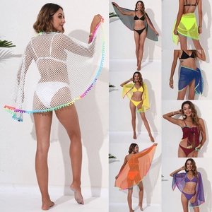 Jupe de Plage Sexy en Maille pour Femmes Avec Pompons Colorés Gland Ajouré Cache-maillot de Bain Bikini Châle Écharpe