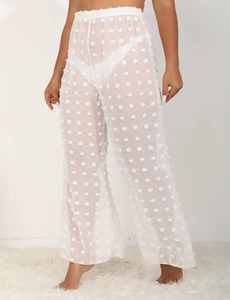 Pantalones de playa sexys blancos transparentes de pierna ancha con lunares 3D gasa