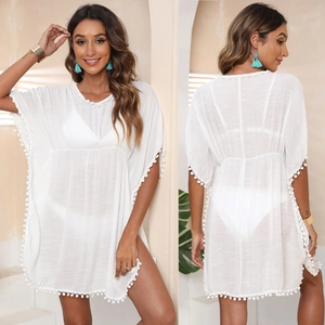 Cache-Maillot de Plage Blanc pour Femmes avec Bordure à Pompons Col en V Ample Bohème Été Manche Chauve-Souris Robe Kaftan