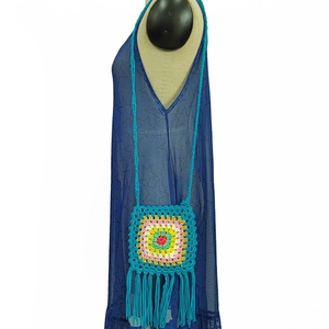 Handmade colorful crochet crossbody bag with long fringes and adjustable strap