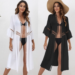 Women Casual Beach Cover-up Cardigan Hollow Out Lace Splicing Loose Mid-length Trumpet Sleeve Sun Protection Swimwear Outerwear