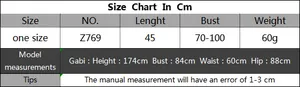 Size chart showing length and bust measurements for the crochet bikini top