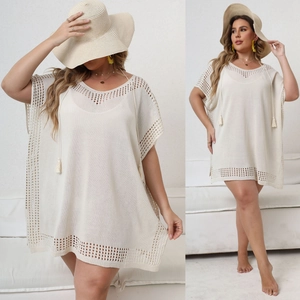 Cache-Maillot de Plage Grande Taille pour Femme Crochet Ajouré Col en V Cordon à Glands Robe de Bikini Tricot Été