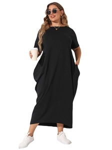Plus size black short sleeve maxi dress with loose pockets and minimalist casual design