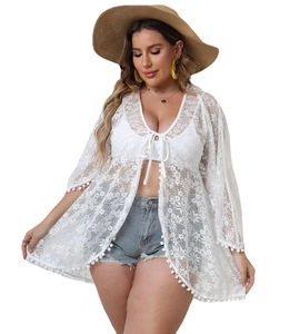 White floral lace beach cover-up with pom-pom trim and tie-front closure for women