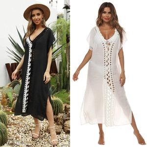 Women Sexy V Neck Crochet Lace Patchwork Beach Cover Up Dress Loose Side Slit Summer Vacation Swimwear Coverups for Women