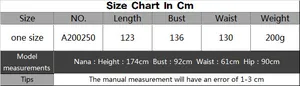 Size chart for black and white split maxi dress showing length bust and waist details