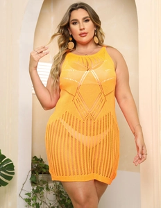 Robe de plage orange grande taille en maille ajourée avec motifs géométriques tissés