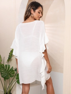 Weißes Strandkleid mit Rüschenärmeln aus leichtem, transparentem Stoff für Damen