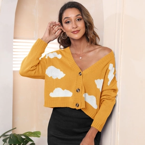 Women's yellow V-neck knit cardigan with white cloud pattern and button closure