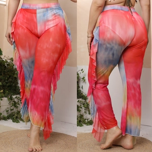 Plus Size Women Sheer Mesh Ruffle Beach Pants Sexy High Waist Tie Dye Flare Trousers Bohemian Vacation Summer Bottoms