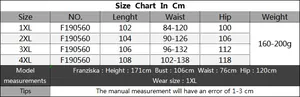 Detailed size chart for women's plus size mesh beach trousers in cm from 1XL to 4XL