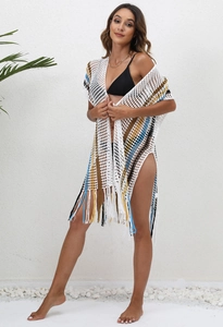 Women's crochet beach cover-up with contrast stripes, fringe details and open front design