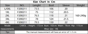 Detailed size chart for plus size women's top showing length, bust, and weight in centimeters