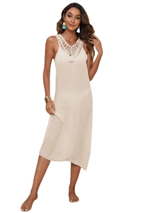 Sleeveless beige crochet beach dress with hollow lace neckline and open back style