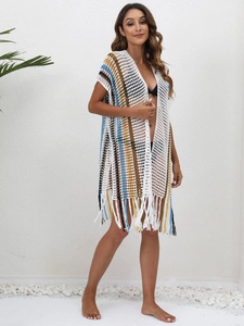 Bohemian striped crochet beach cover-up with fringe tassels and open front design