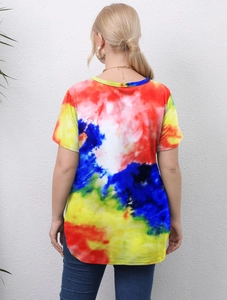 Plus size women's crew neck T-shirt featuring vibrant artistic tie-dye back print