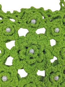 Ethnic style hand-crocheted crossbody bag with green hollow floral patterns and pearl beads
