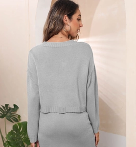 Detail view of the ribbed neckline and premium knit texture on this gray cardigan