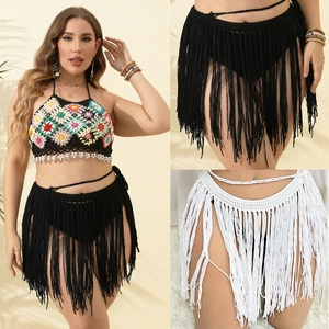 Women Sexy Crochet Tassel Beach Skirt Bohemian See Through Hollow Out Summer Vacation Cover Up Wrap Skirt