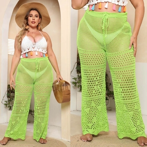 Women Plus Size Crochet Hollow Out Beach Pants Neon Green High Waist Drawstring Wide Leg Cover Up Knit Trousers