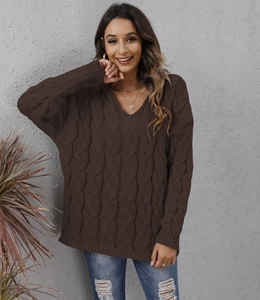 Close-up of dark brown chunky cable knit texture on women's oversized V-neck sweater