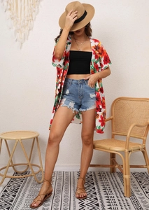 Women's tropical floral print open front cardigan bikini cover up beachwear outfit