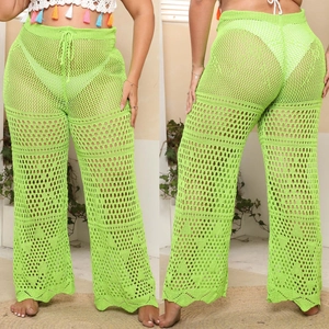 Neon green crochet high-waist beach cover-up pants with wide legs and drawstring
