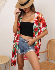 Women's loose floral print cardigan cover-up with vibrant red flowers for beach vacations