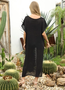 Elegant black beach cover-up maxi dress with V-neck and loose fit for summer vacation
