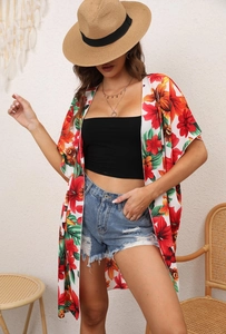 Close-up of tropical floral print on a lightweight summer beach kimono cardigan