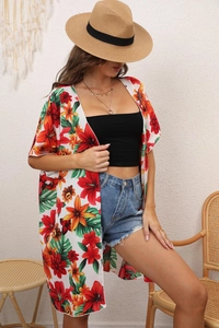 Detailed side view of tropical floral chiffon cardigan featuring loose bohemian fit