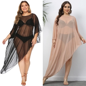 Women Plus Size Sheer Mesh Beach Cover Up Dress Sexy Round Neck Batwing Sleeve Asymmetrical Hem Swimsuit Bikini Coverups
