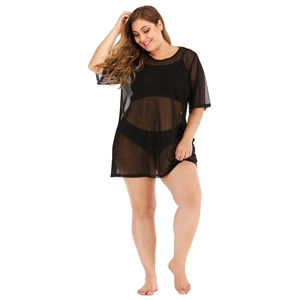 Detail of plus size black sheer mesh cover-up with short sleeves and round neckline