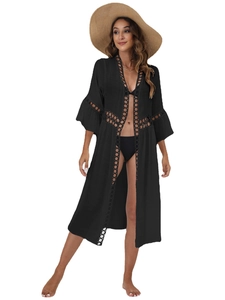 Women black beach cover up with lace hollow out details and loose three quarter sleeves