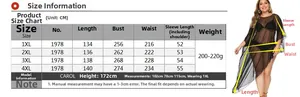 Size chart for women's plus size sheer mesh beach cover up with detailed measurements